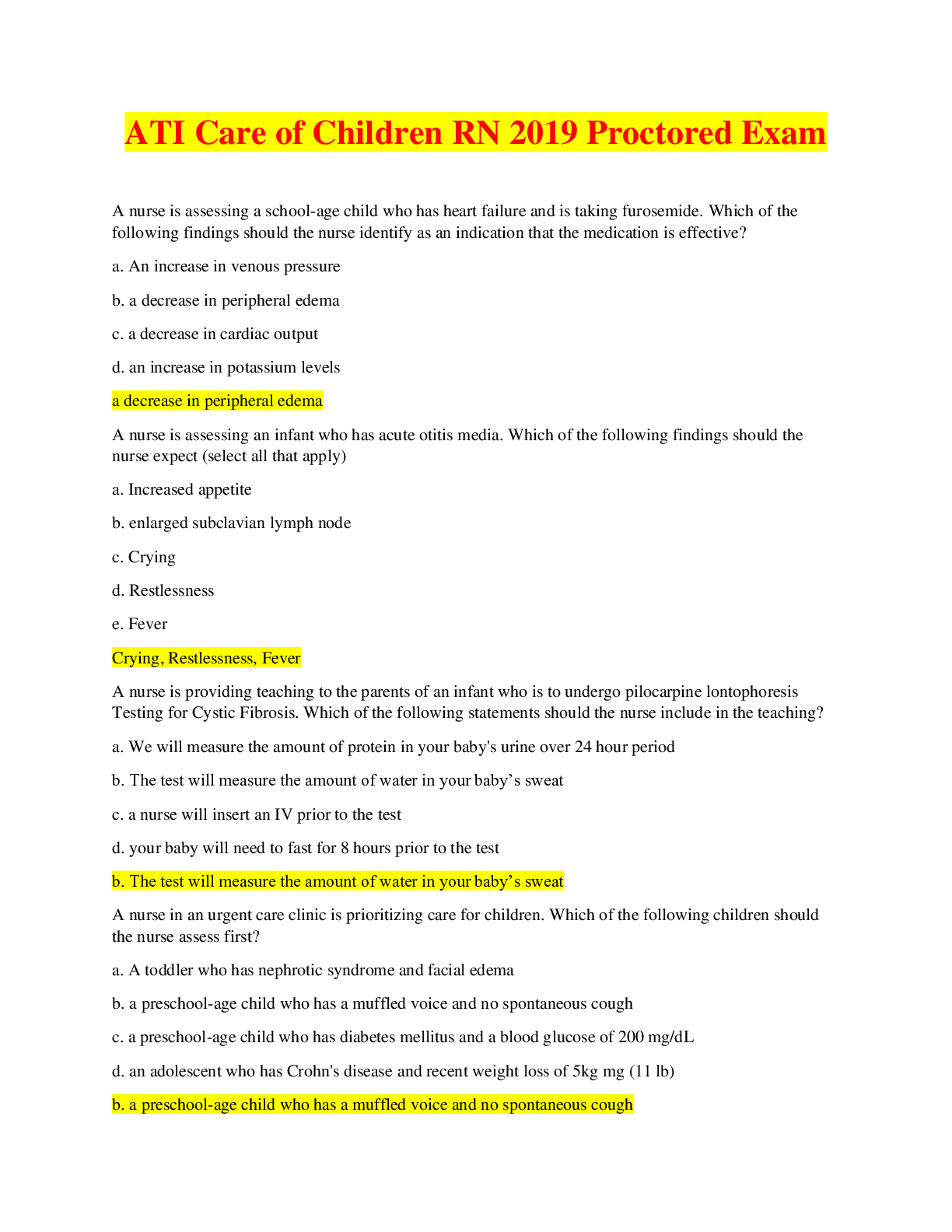 Preview image for ATI Care of Children RN 2019 Proctored Exam - Level 3!.  Peds 2019. All 70 Questions with t, Exams for Nursing